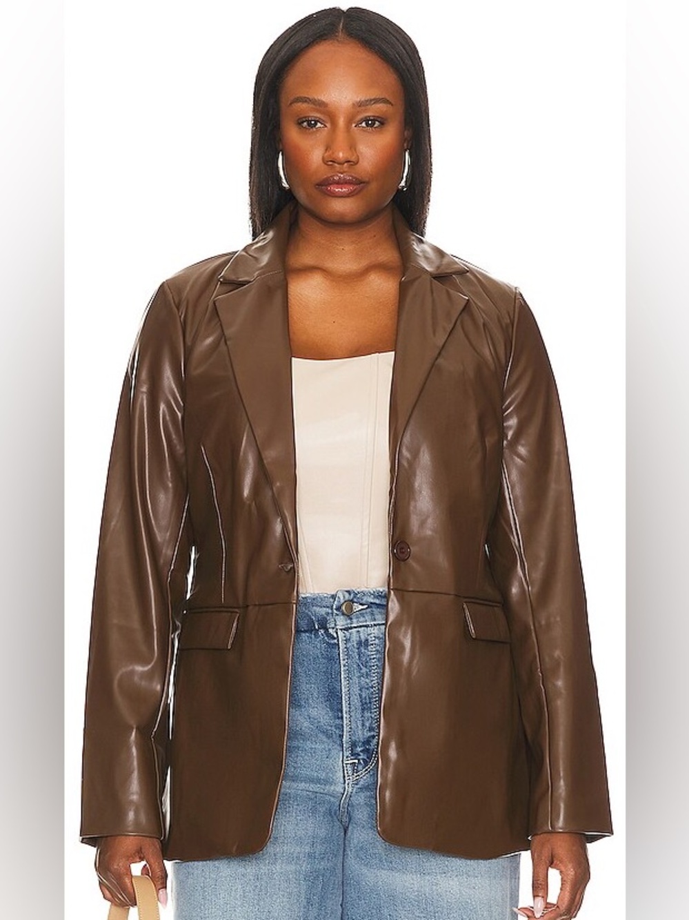 Women's Brown Faux Leather Single-Button Blazer